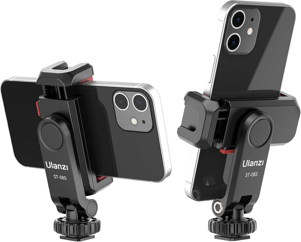 ULANZI ST-06S Phone Tripod Mount, Universal Smartphone Adapter with 2 Cold Shoe, 360° Rotating Clip Holder