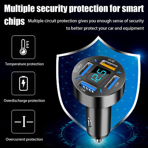 4 Ports USB Car Charger, 66W Super Fast Charging with QC 3.0, PD 20W, USB 2.4A Adapter, LED Voltmeter, Auto Cigarette