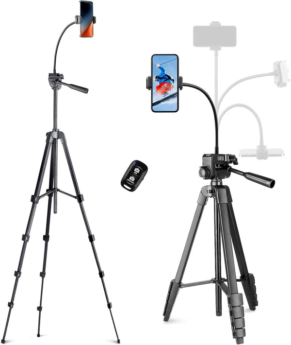 Aureday Phone Tripod, 82" Tripod for iPhone with Flexible Gooseneck, Wireless Remote and Phone Holder, Extendable Stand