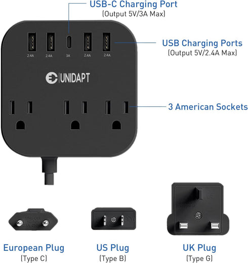 European Plug Adapter, Unidapt US to UK Power Strip with USB C and 4 USB Ports, 3 AC Outlets, 5ft Extension Cord