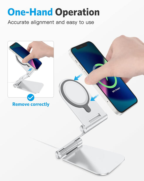 OMOTON Foldable Phone Stand Holder for MagSafe Charger, Compatible with iPhone 15/14/13/12 Pro Max, Silver
