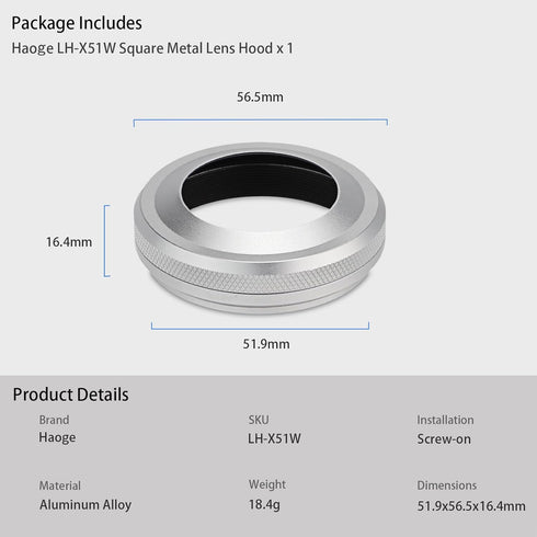 Haoge LH-X51W Ultra-Thin 2in1 All Metal Lens Hood with Adapter Ring Set for Fuji X100VI X100V Camera - Silver