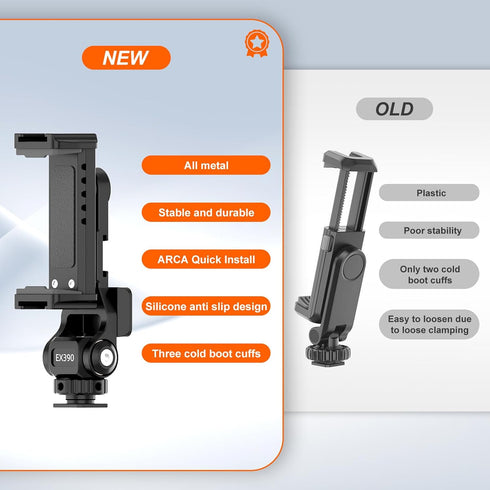 Metal Phone Tripod Mount - Holder Stand with 3 Cold Shoes & Arca Port, Universal Smartphone Mount Adapter, 360° Rotates