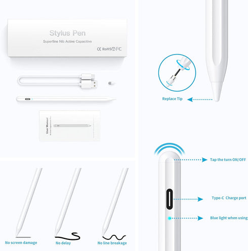 Active Stylus Pen, Rechargeable Stylus for iOS & Android Touchscreens, Dual Touch Screen Pencil, 16.5CM, White
