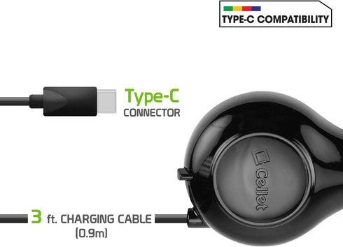 Cellet USB-C Retractable Car Charger, Fast Charger for iPhone 15, Samsung Galaxy, LG, and More