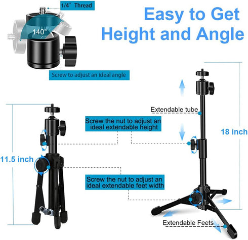 Webcam Tripod Stand Extendable Desktops Tripod for Camera/Phone/Webcam, Desk Tripod Webcam Mount Holder Compatible with Logitech Stream Webcam C925e C922x C922 C930e C930 C920 C615 /iPhone/Ring Light