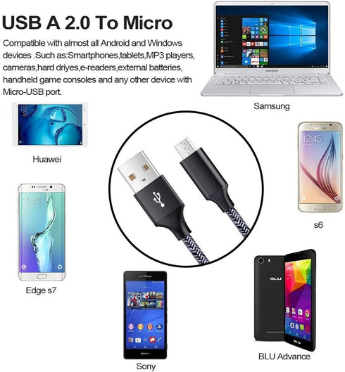 Micro USB Cable 2-Pack: 1.6FT & 3FT Fast Charging Cords for Samsung Galaxy J7, S6, S7 Edge, Note 3/4/5, LG Stylo 2/3
