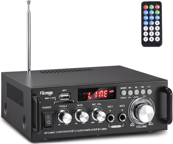 Facmogu 298A Max 300Wx2 Wireless Bluetooth 5.0 Stereo Audio Amplifier, 2 Channel Receiver with Bass & Treble Control,