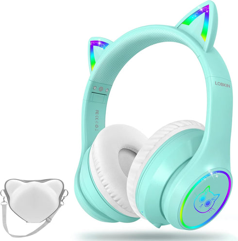 LOBKIN Bluetooth 5.3 Kids Headphones with Case, RGB LED Light Up Cat Ears, Foldable Over Ear