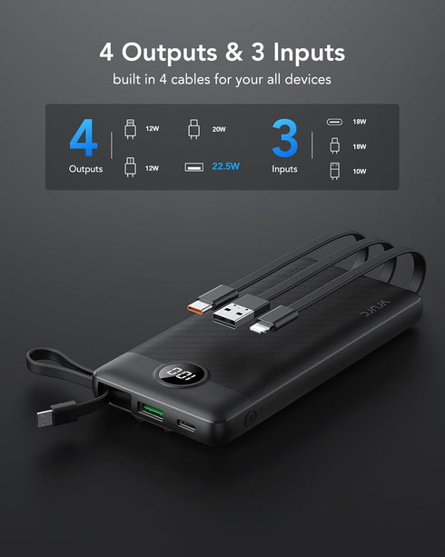 VRURC Portable Charger Power Bank, 10000mAh, 22.5W Fast Charging, Built-in USB-C Cable for iPhone 15, Black