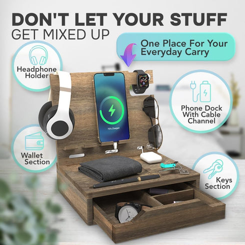 Nightstand Organizer - Bedside Holder for 2 Cellphones or 1 Tablet, Smart Watches, Headphones, Ideal Gifts for Men