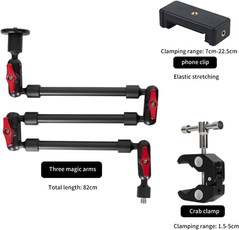 Adjustable Articulating Magic Arm with Clamp and Phone Holder Clip for Desk Mount, Cell Phone Tripod