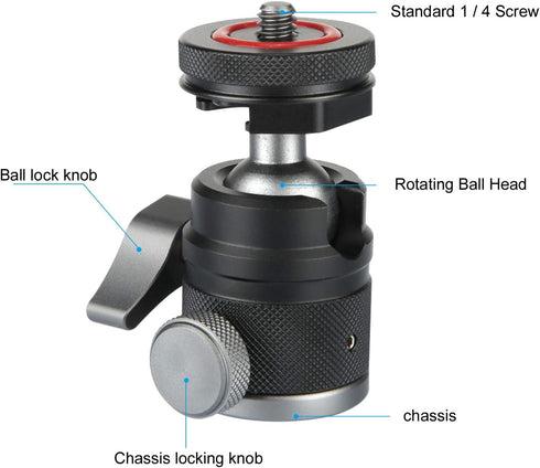 Mini Ball Head with 1/4" Hotshoe Mount Adapter, 360° Rotatable Aluminum Tripod Head for DSLR Cameras