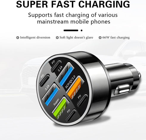 8 Ports 66W Car Charger - 12-24V Super Fast Charging with USB 3.1A PD&QC 3.0 for All Smartphones