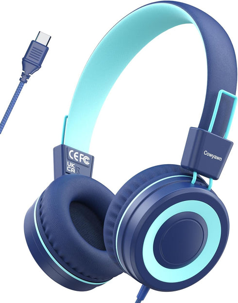 Kids Headphones, Upgrade USB Type C Kids Headphones for School, 94dB Volume Limit Wired On-Ear Headset for