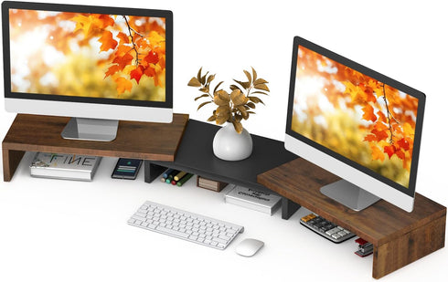 TAVR Dual Monitor Stand Riser, Extra Long Desktop Organizer for 2 Monitors, Max 48.2" Length, Rustic Brown