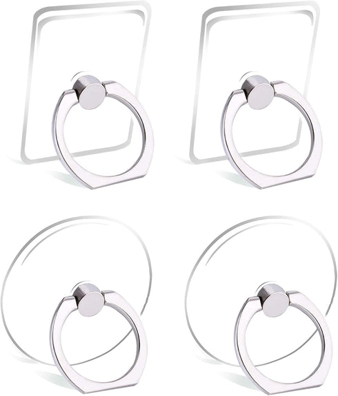 Cell Phone Ring Holder Stand, Transparent Finger Grip Loop, 360 Degree Rotation, 4 X Silver