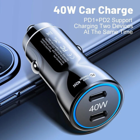 USB C Car Charger, 2-Port 40W Dual USB-C Power Adapter, PD/QC Fast Charging for iPhone, Samsung Galaxy, Pixel