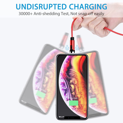 Terasako 5-Pack Magnetic Charging Cable (3/3/6/6/10FT) - 540° Rotating, LED Light, 90° Angle, Nylon-Braided (Red)