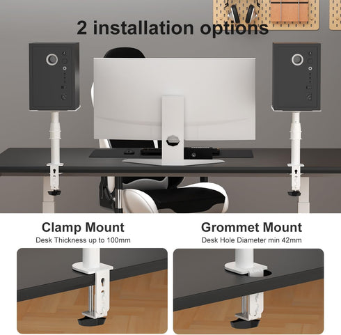 suptek Clamp-on Speaker Stand Desk Mount Set, Height Adjustable, Tilt, Swivel, 2 Pack, Universal Audio Holders, White