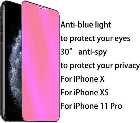 2 Pack Anti-Blue Privacy Tempered Glass Suit for iPhone X/iPhone XS/iPhone 11 Pro, Mirror Anti-Spy Screen Protector