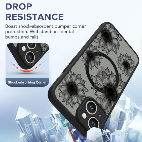 OOK Phone Case for iPhone 13, Black Frosted Shockproof Cover with Cute Sunflower Floral Blooms Design, Compatible with
