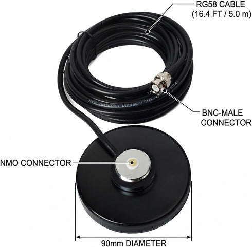 HYS 5M/16.4ft RG58 NMO Magnetic Base Mount with Cable BNC Male Connector for Cobra Midland Uniden Hand Held CB