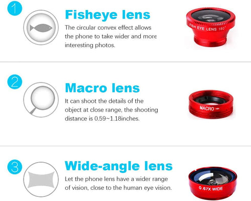 3 in 1 Cell Phone Camera Lens Kit, Universal Wide Angle Macro Fisheye Lens for Smart Phones iPhone Samsung Android (Red)