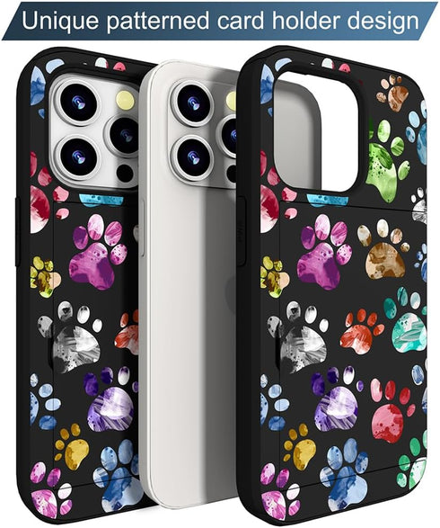Compatible with iPhone 14 Pro Max Case, Cute Card Holder Slim Wallet Cases for Women, Colorful Doodle Paws