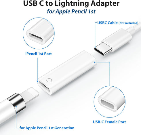 Pencil Charger Adapter for Apple Pencil 1st Generation, USB C to Lightning Adapter for iPad 10th Gen, Bluetooth Pairing