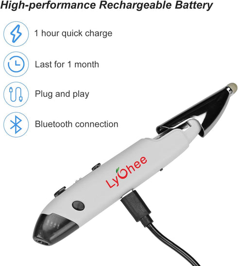 lychee Pocket Pen Mouse, Rechargeable Optical Ergonomic Mouse with Bluetooth and Stylus Function, Grey