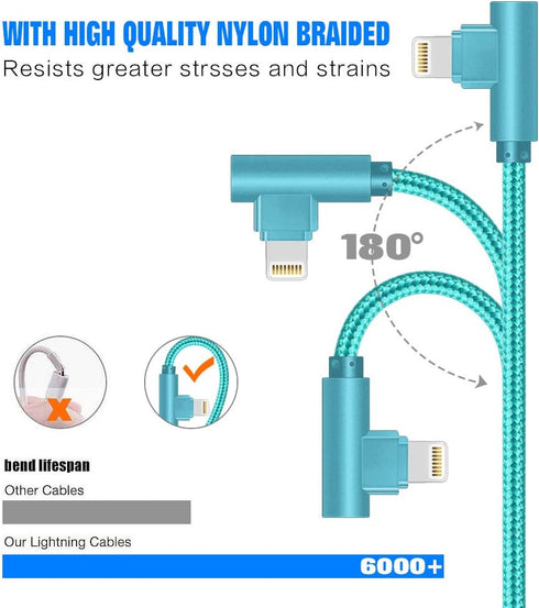 iPhone Charger 90 Degree 3 Pack 6FT Lightning Cord - Nylon Braided Fast Charging for iPhone 12/11/XS/XR.