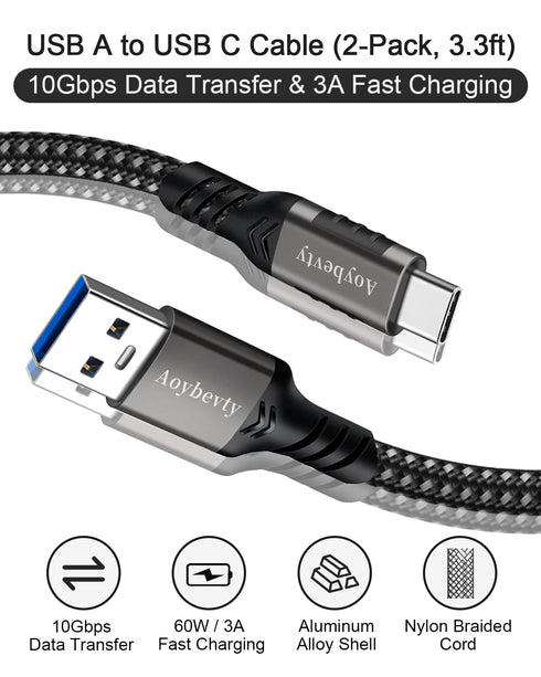 USB A to USB C Cable 2-Pack 3.3ft, USB 3.1/3.2 Gen 2 Data Transfer and 60W 3A Fast Charging Cable for Android Auto Samsung Galaxy S23/S22/S21/S10 iPad External SSD Other USB to Type C Device