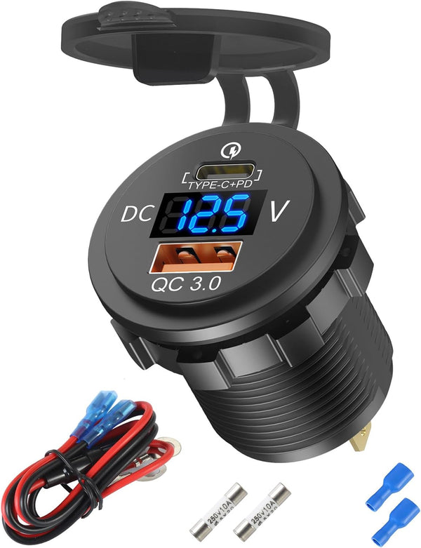 48W 12V USB Outlet USB C Car Socket, PD 30W and QC 18W Waterproof Car Charger Power Outlet with LED Voltmeter