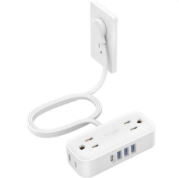 TROND Travel Power Strip with USB Ports, 5ft Flat Plug Extension Cord, Small Wall Mount Extender Adapter for Office