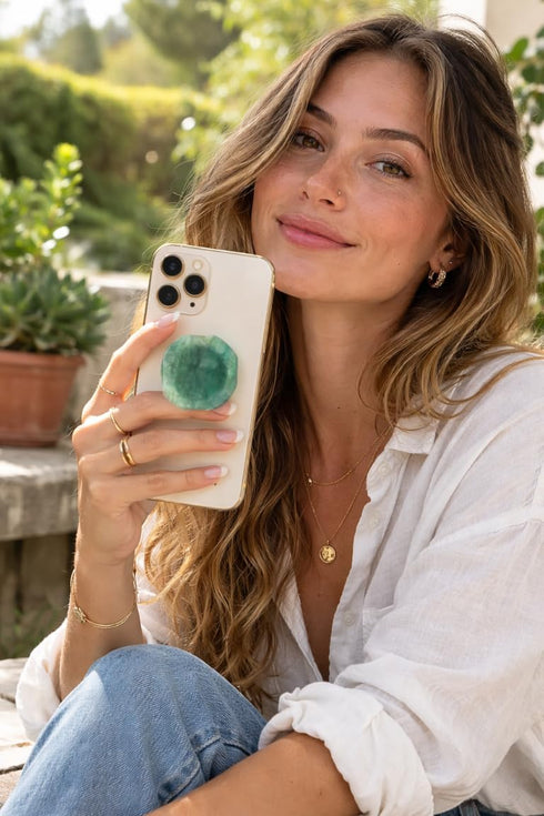 CRYSTALFY Grips by Perfectly Imperfect Green Fluorite Crystal Phone Grip Holder & Expanding KickstandNatural Gemstone