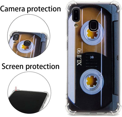 Case for Galaxy A20 with Reinforced Corners, TPU Soft Bumper Retro Music Cassette Tape Design