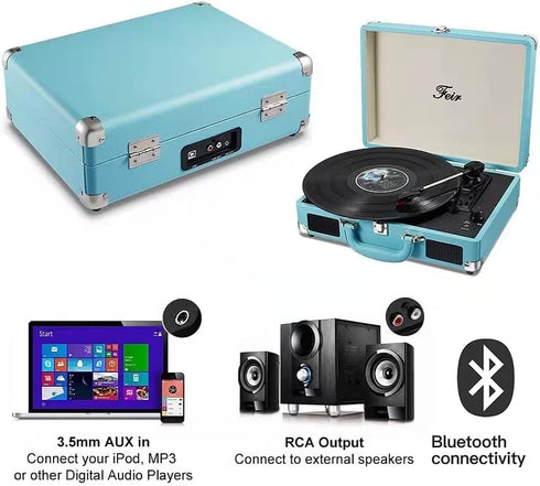 Feir 3 2 Vinyl Stereo Blue Record Player Speed Portable Turntable Suitcase Built in Speakers RCA Line Out AUX Headphone