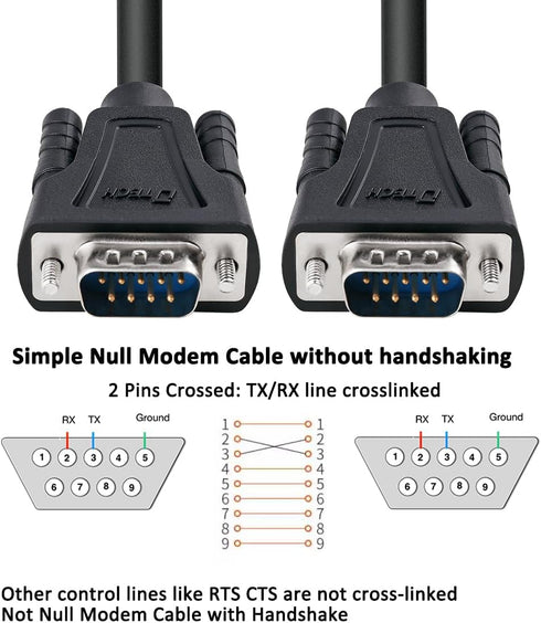 DTech 10ft DB9 to DB9 RS232 Serial Cable Male to Male Null Modem Cord for Computer Data Communication (Black)