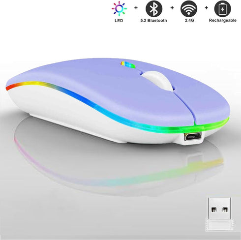 Wireless Bluetooth Mouse, LED Dual Mode Rechargeable Slim Silent Mouse, Portable (BT5.2+USB Receiver) for Laptop,
