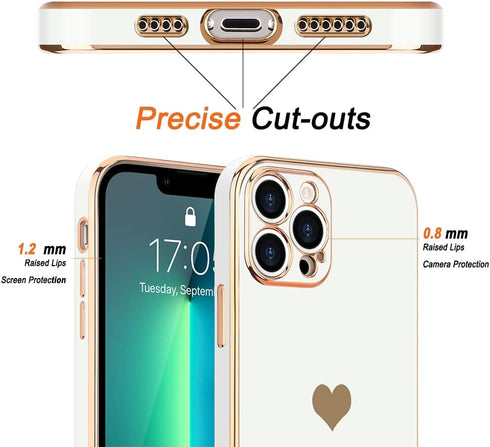 Teageo Cute Love-Heart Luxury Bling Plating Soft Back Cover Case for iPhone 13 Pro Max, White, with Raised Camera