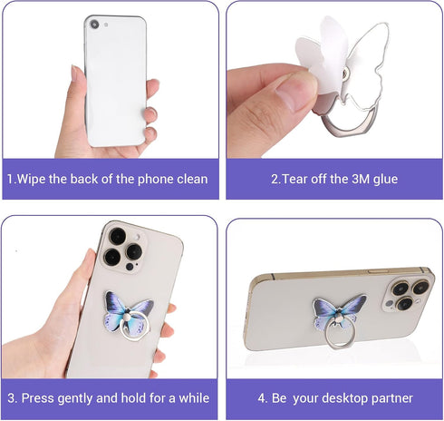3 PCS Cell Phone Ring Stand Holder, Cute Butterfly Pattern Metal Kickstand, 360 Degrees Rotation Grip for Smartphones