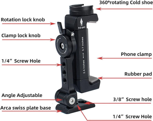 Metal Phone Tripod Mount with Rotatable Cold Shoe for Microphone, Compatible with iPhone Tripod Adapter