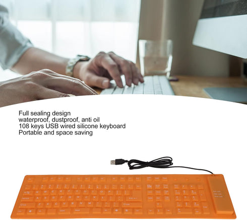 Foldable Silicone Keyboard - 108 Keys Waterproof Rollup USB Wired Keyboard, Soft Touch for PC, Laptop, Notebook