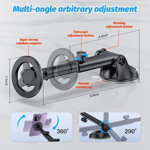 TNAIYH 360 Magnetic Car Phone Holder, Adjustable Vehicle Cell Phone Mount with Suction Cup Stand, Automotive Smartphone