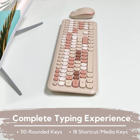 X9 Colorful Wireless Keyboard and Mouse Combo - 2.4Ghz - Cute Set for PC and Chrome (110 Keys, 18 Shortcuts, Brown)