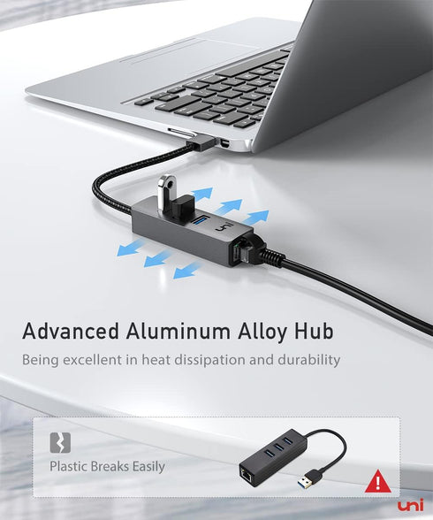 uni USB to Ethernet Adapter, USB 3.0 Hub with 100/1000 Mbps RJ45 Ethernet, 4-in-1 USB-A to LAN Network Adapter