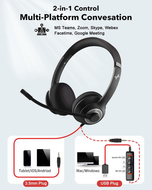 Headset (USB+3.5mm, JIAMQISHI USB with Microphone for PC, On-Ear Computer Laptop Headphones with Noise Cancelling