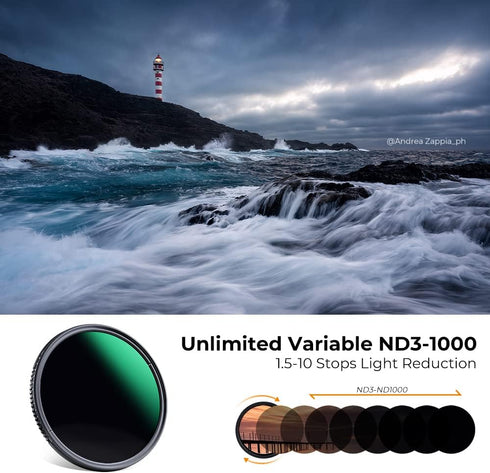 K&F Concept 62mm ND Filter (Variable ND3-ND1000, 1.5-10 Stops) - Neutral Density Lens Filter with 24 Coatings