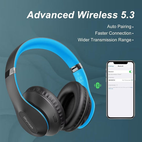 Wireless Bluetooth Headphones Over Ear, 65H Playtime HiFi Stereo Headset with Microphone, Foldable for Travel, Blue
